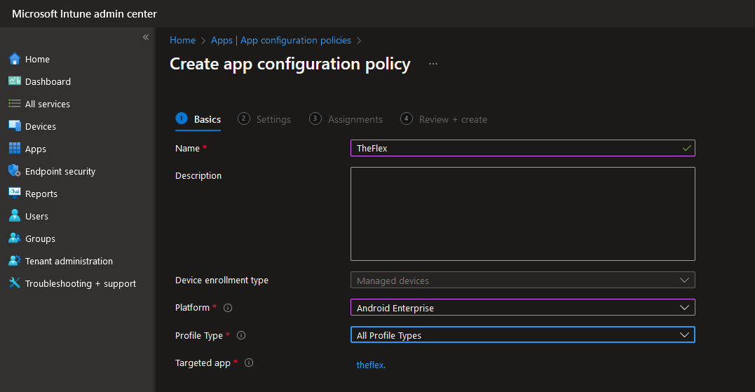 Screenshot of the Intune App Configuration Policy