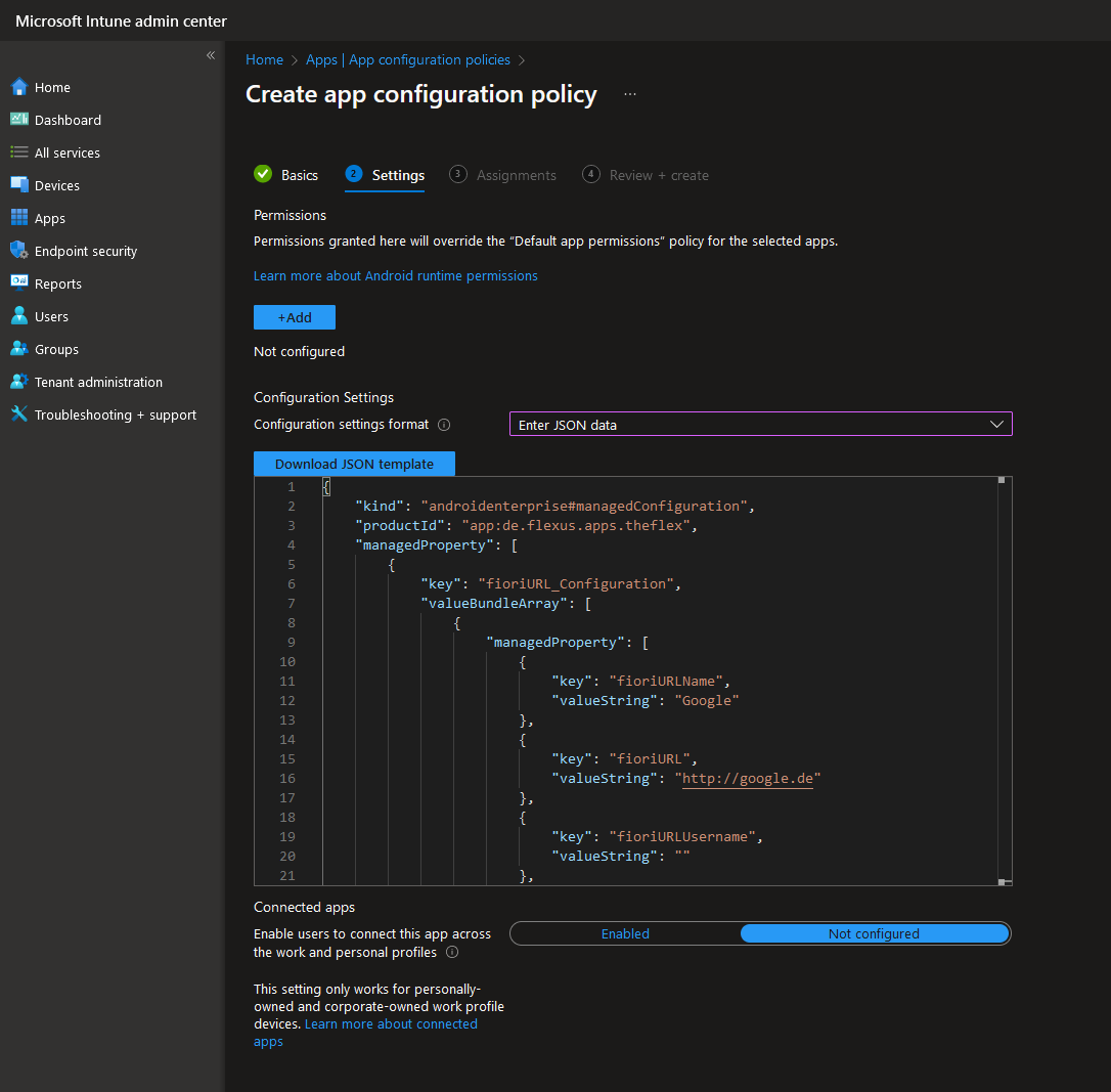 Screenshot of the Intune Android JSON settings