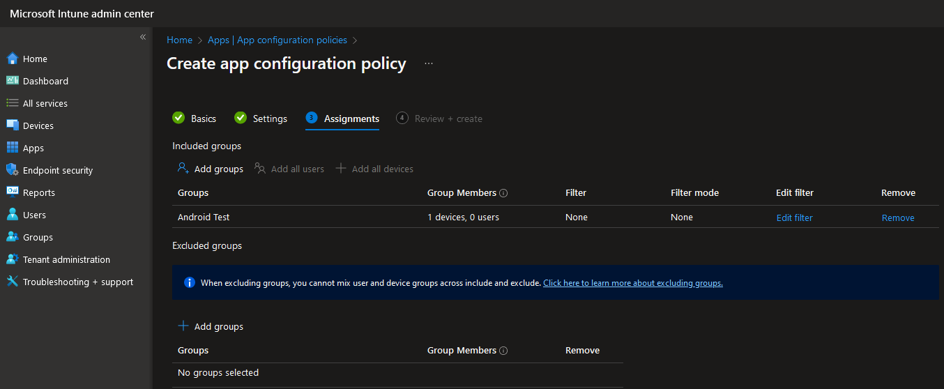 Screenshot of the Intune user groups