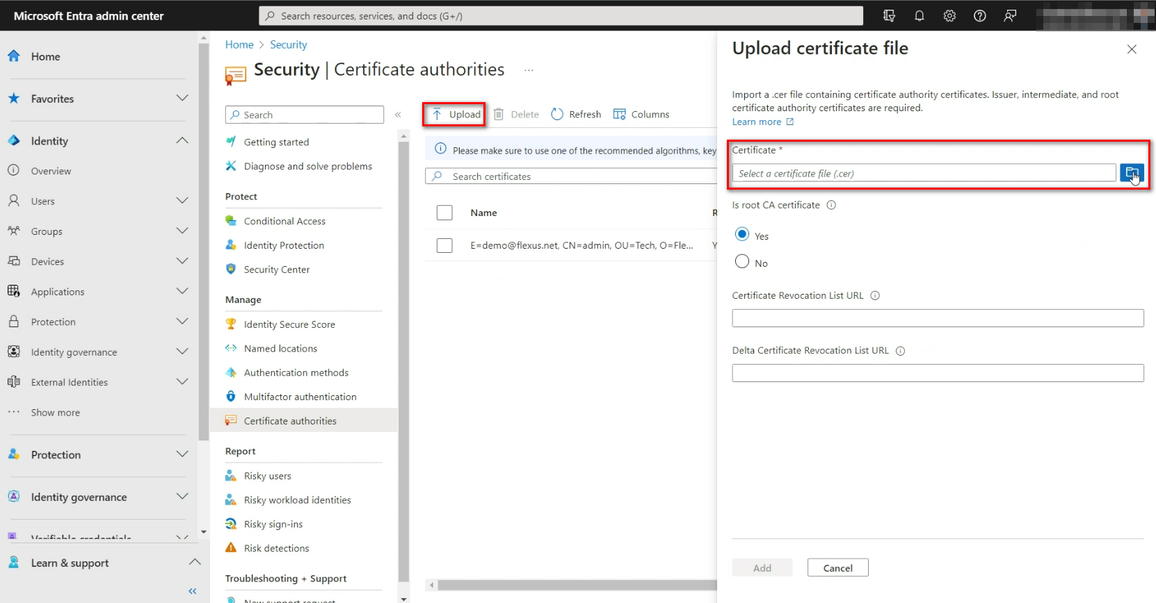 Upload root certificate