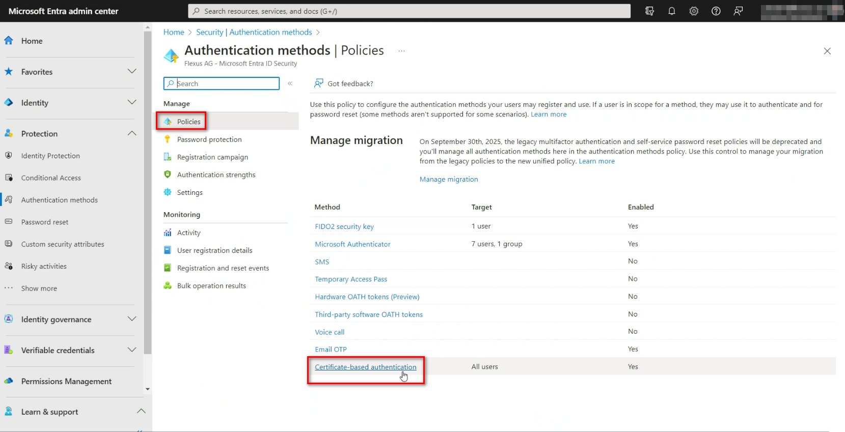 Configuration of certificate based authentication