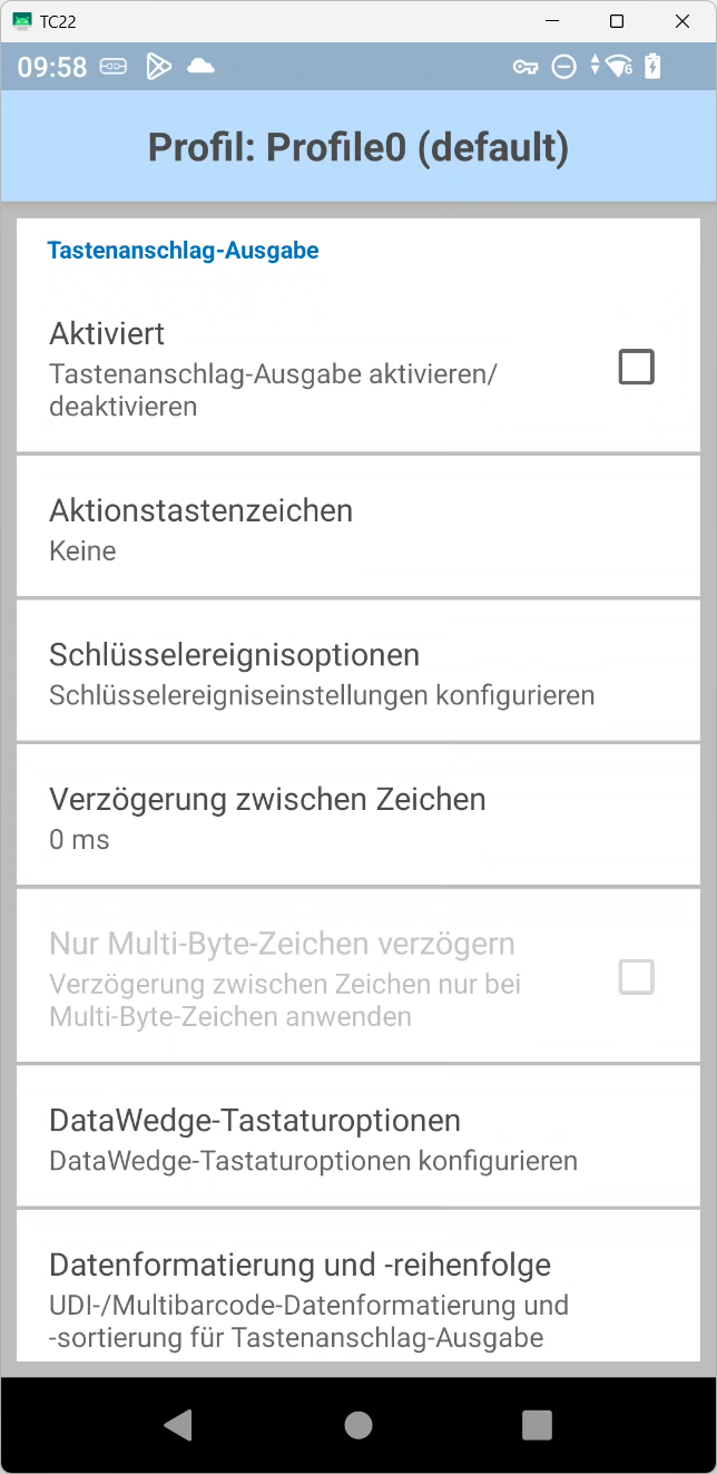 DataWedge – Intent Output settings