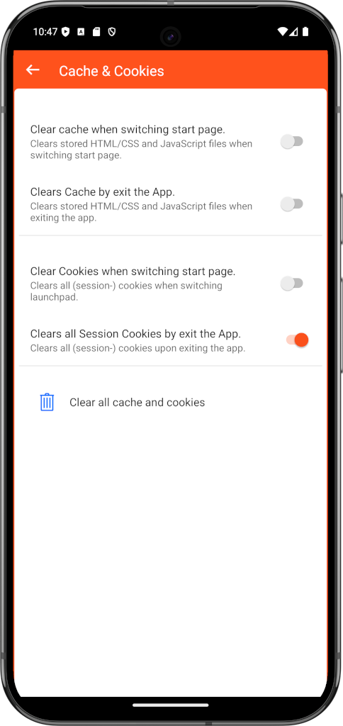 Clear cache & cookies settings